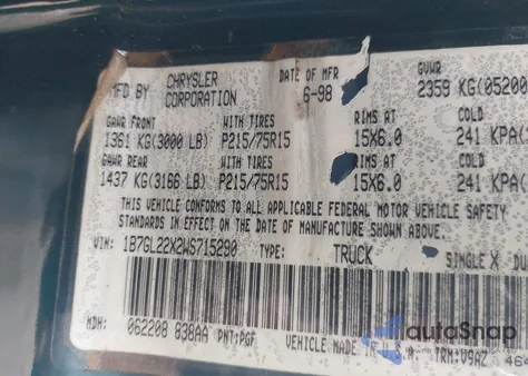 1998 Dodge Dakota Slt/Sport z USA, uszkodzony, nr VIN 1B7GL22X2WS715290